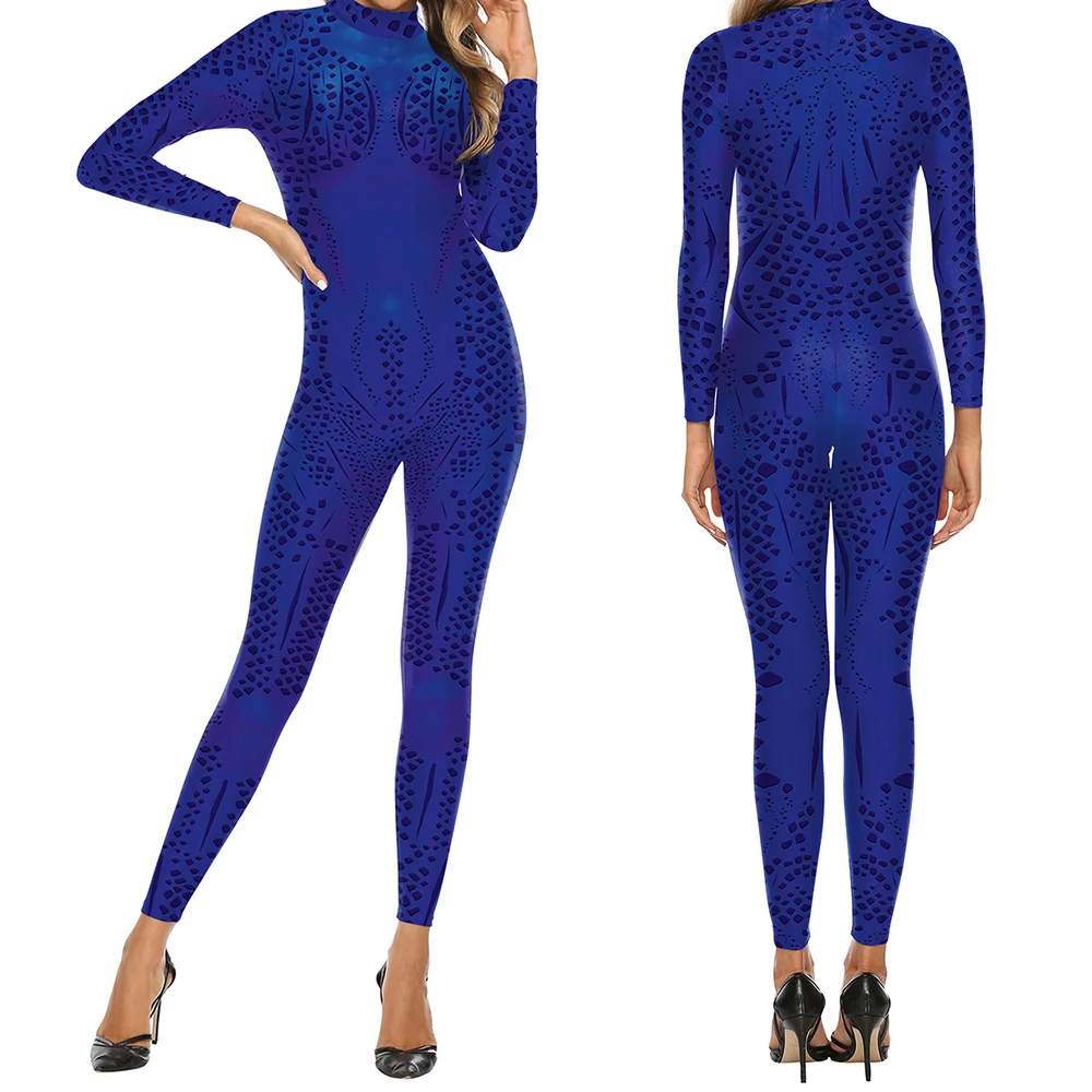 Zawaland Halloween Blue Bodysuit Women Anime Print Holiday Cosplay Costume Party Disguise Oufit Female Jumpsuit Sexy Catsuit