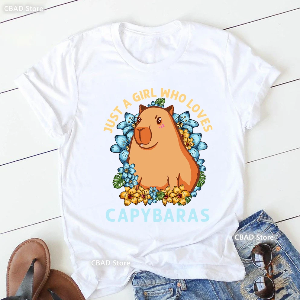 2023 Funny Rabbit Tshirt Femme Just A Girl Who Loves Capybaras Graphic Print T Shirt Women Clothes Harajuku Kawaii T-Shirt Tops golden melanin queen graphic print tshirt women black girl magic makeup t shirt femme harajuku shirt summer fashion tops tee