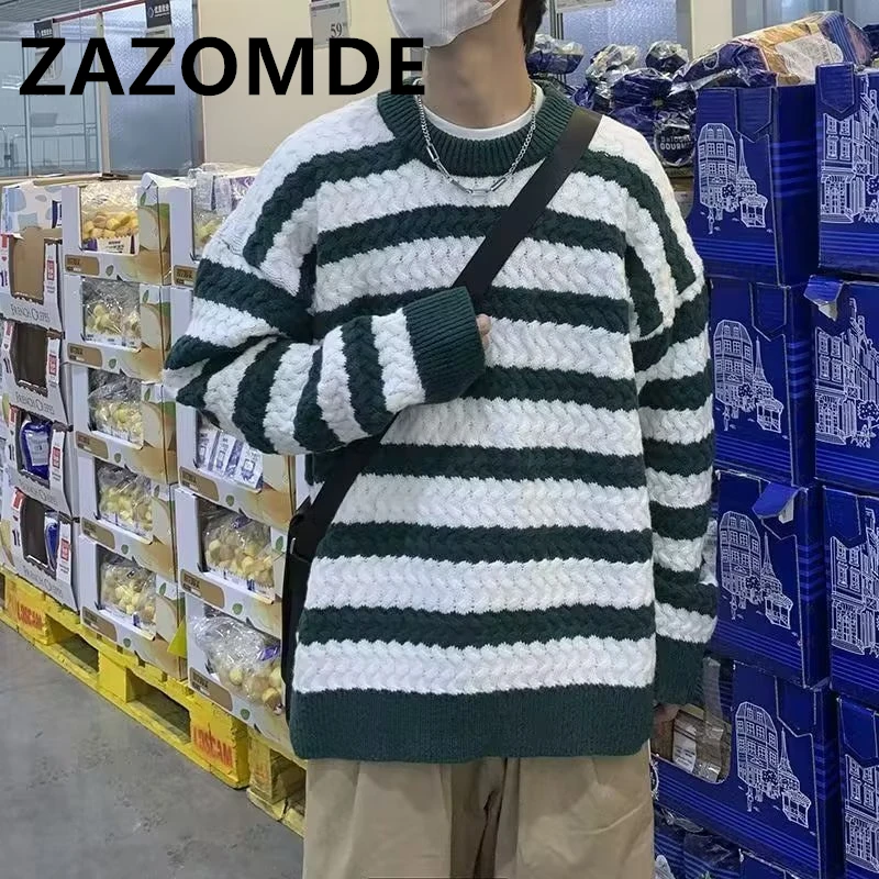 ZAZOMDE Autumn Knitted Striped Sweater Man Casual Oversized Pullovers Sweaters Loose Warm Jumper Streetwear Teen Knitwear Men