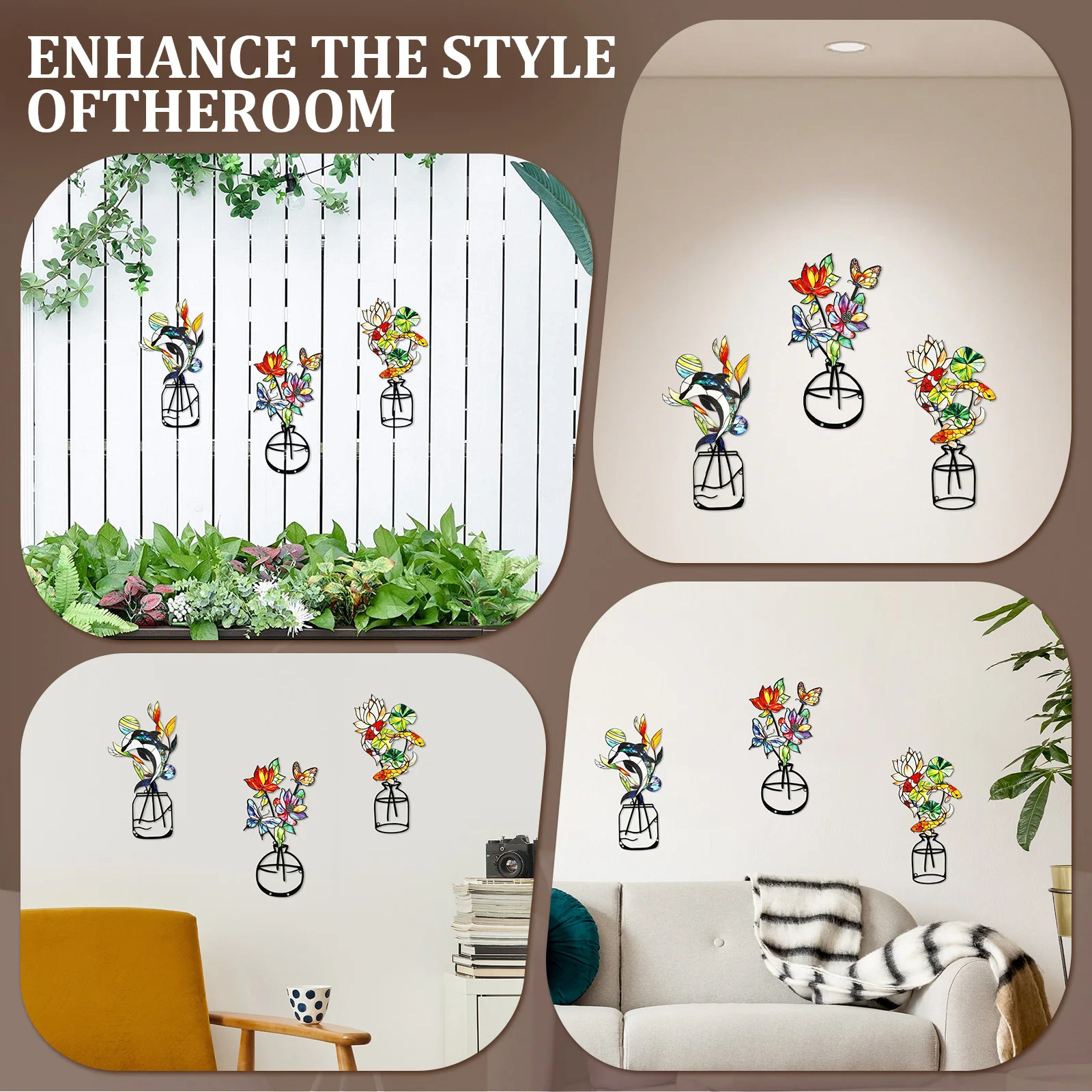 3 Pcs Metal Flowers Wall Decor Flower Wall Art Decorative with Screws Vase Hanging Decoration for Living Room Bedroom Home Decor