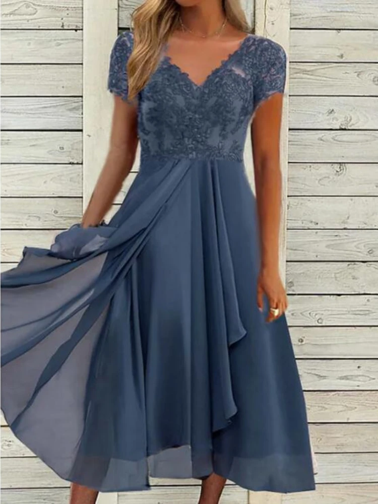 

Summe V Neck Party Dress Women Short Sleeve Irregular Chiffon Dress Female Solid Color Midi Dresses Birthday Women Clothing Robe