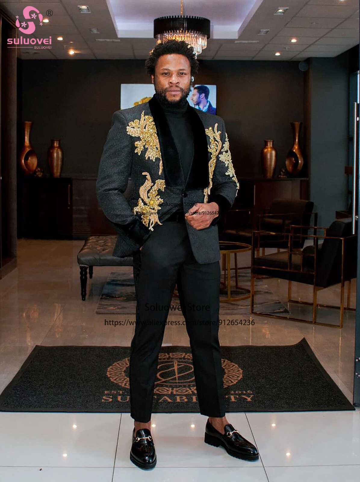 Luxury Applique Shawl Lapel Suits For Men Wedding Slim Fit 2 Piece Pants Set Formal Groom Tuxedo Blazer Terno Masculino Completo