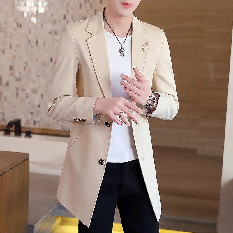 New Men's Business Casual Fashion Urban Korean Trend Slim Solid Color Small Suit Jacket Spring blazers long dress coat 2