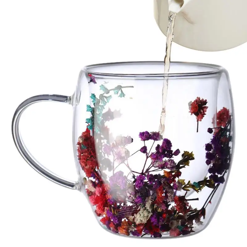 

Double Wall Glass Coffee Mugs Aesthetic Dried Flower Beer Mug Insulated Glass Cup For Hot Cold Beverages Cappuccino Espresso cup