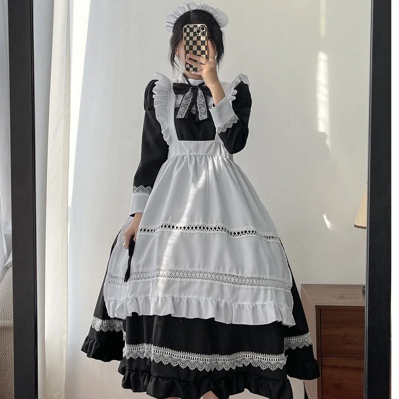 Plus Size Lolita Dress Anime Cosplay School Girl Maid Uniform Goth Lolita Black White Medieval Dress Long Sleeve Apron Outfits lolita dress lolita suspender dress lolita cosplay costumes suspender dress lolita skirt lolita blouses