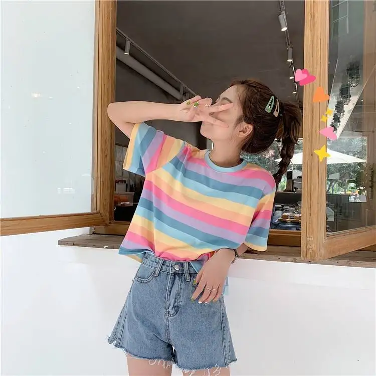  Abstract Rainbow Watercolor Womens T-Shirt Casual Loose Cold  Shoulder Tops Summer Short Sleeves Tees : Sports & Outdoors