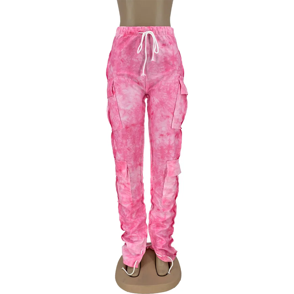 Female Multi-Pocket Cargo Pants Fall Winter Tie Dye Fashionable Streetwear Wide Leg Trousers For Women