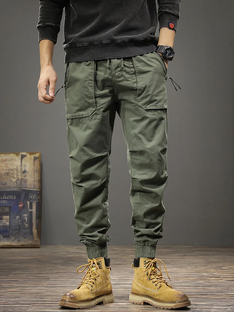 Casual Elastic Waist Pencil Pants Men Streetwear Green Cotton Stretch Slim Fit Drawstring Jogging Trousers
