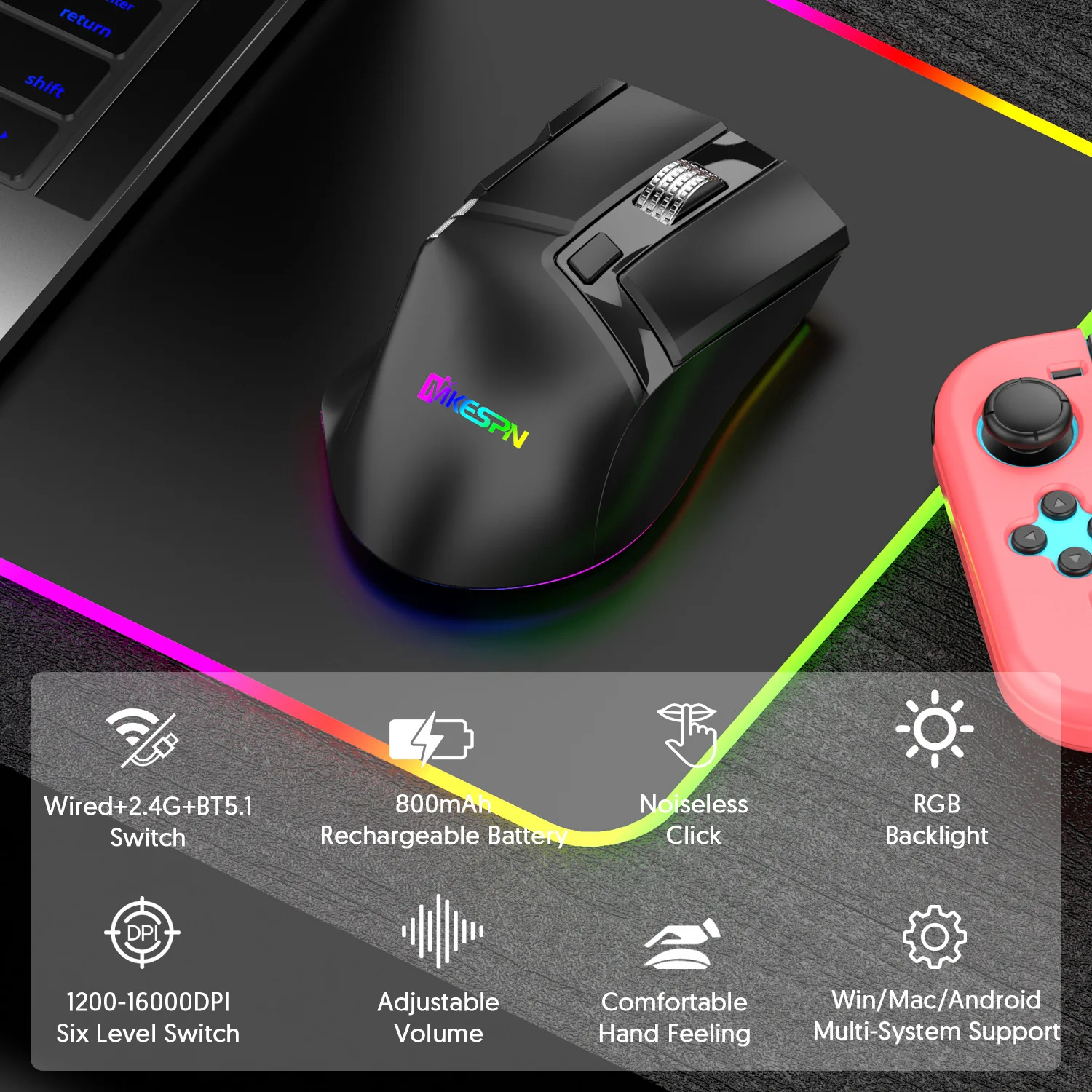 Mouse sem Fio Triplo Modo Gaming Roda de Rolagem Dupla Swinging Definição Macro Rgb Mouse Anti-slip 16000 Dpi 10 Botão - Imagem 6