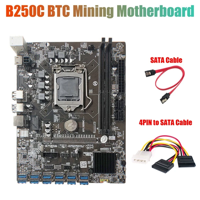 

Материнская плата для майнинга B250C с 4-контактным кабелем SATA + кабель SATA 12 PCIE к USB 3,0, Φ LGA1151, поддержка DDR4 RAM для BTC