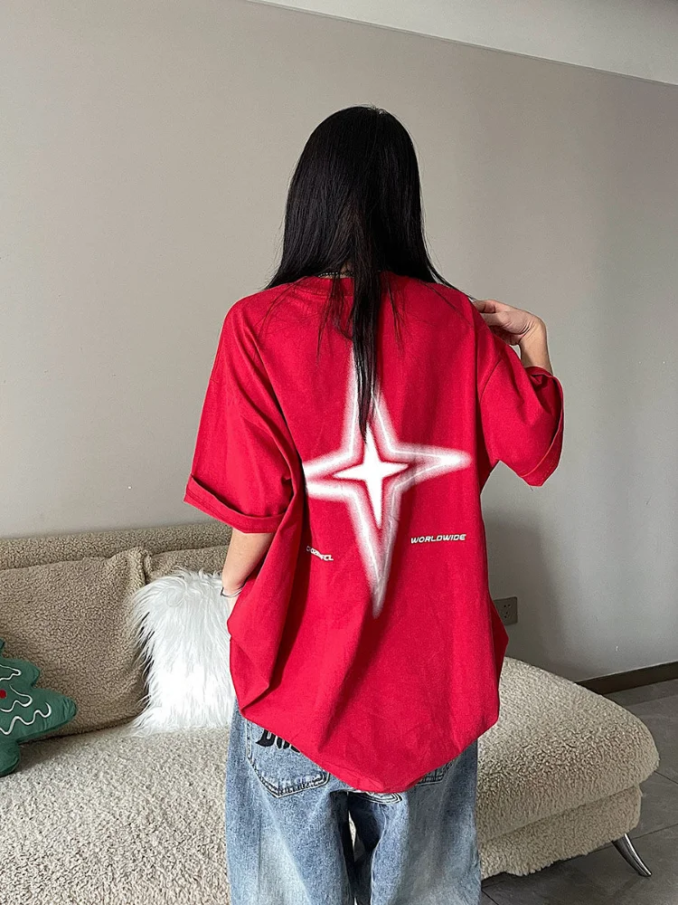

QWEEK Kpop Streetwear Red Short Sleeve Tshirts Oversized Y2K Vintage Letter Star T Shirts Hippie Harajuku Black Tees Women