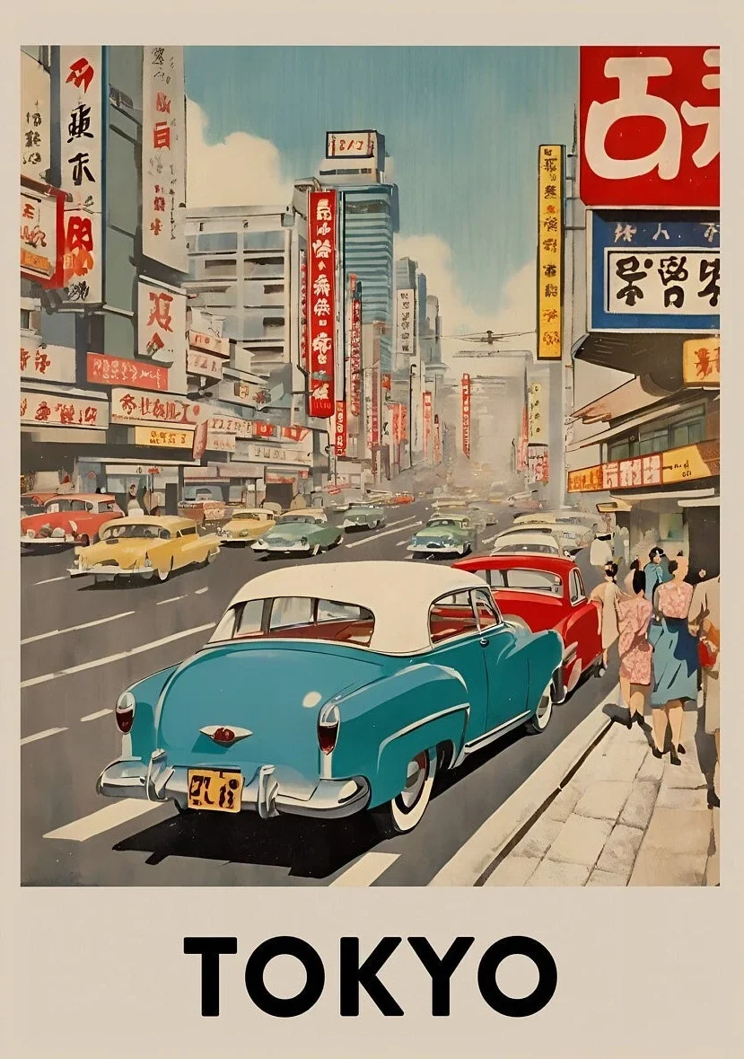 thumbnail image 1 of Póster de paisaje de viaje de vacaciones en autobús urbano retro de mediados de siglo, pintura en lienzo de Londres, París, Tokio, Chicago, arte de pared, decoración del hogar de la habitación, 1 of 5
