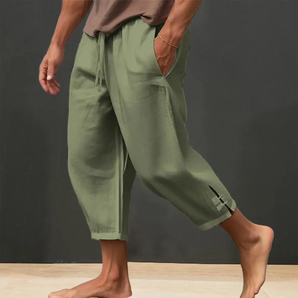 

Linen Slit Leg Trousers Men's Drawstring Cropped Pants with Elastic Waist Deep Crotch Solid Color Loose Pockets Soft for Beach