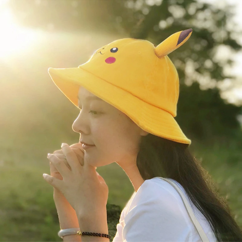 Kawaii Pokemon Pikachu Cute Bucket Hats Panama Hat Bob Outdoor Hiking Beach  Fishing Cap Reversible FishermanFor Children Summer