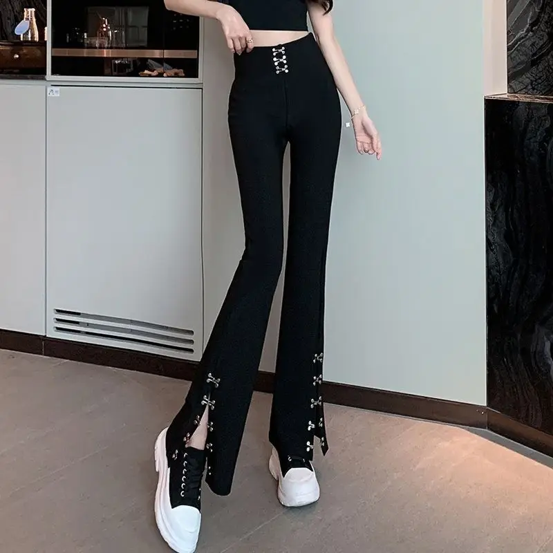 Women's Solid Color Elastic Waist Split Micro Flare Pants Spring and Summer 2023 High Waist Slim Thin Office Lady Floor Trousers