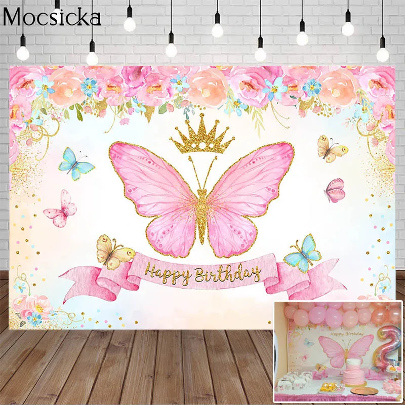 Fondos de mariposa rosa para fiesta de niña, decoración Floral, corona,  Baby Shower, accesorios de fotografía - AliExpress