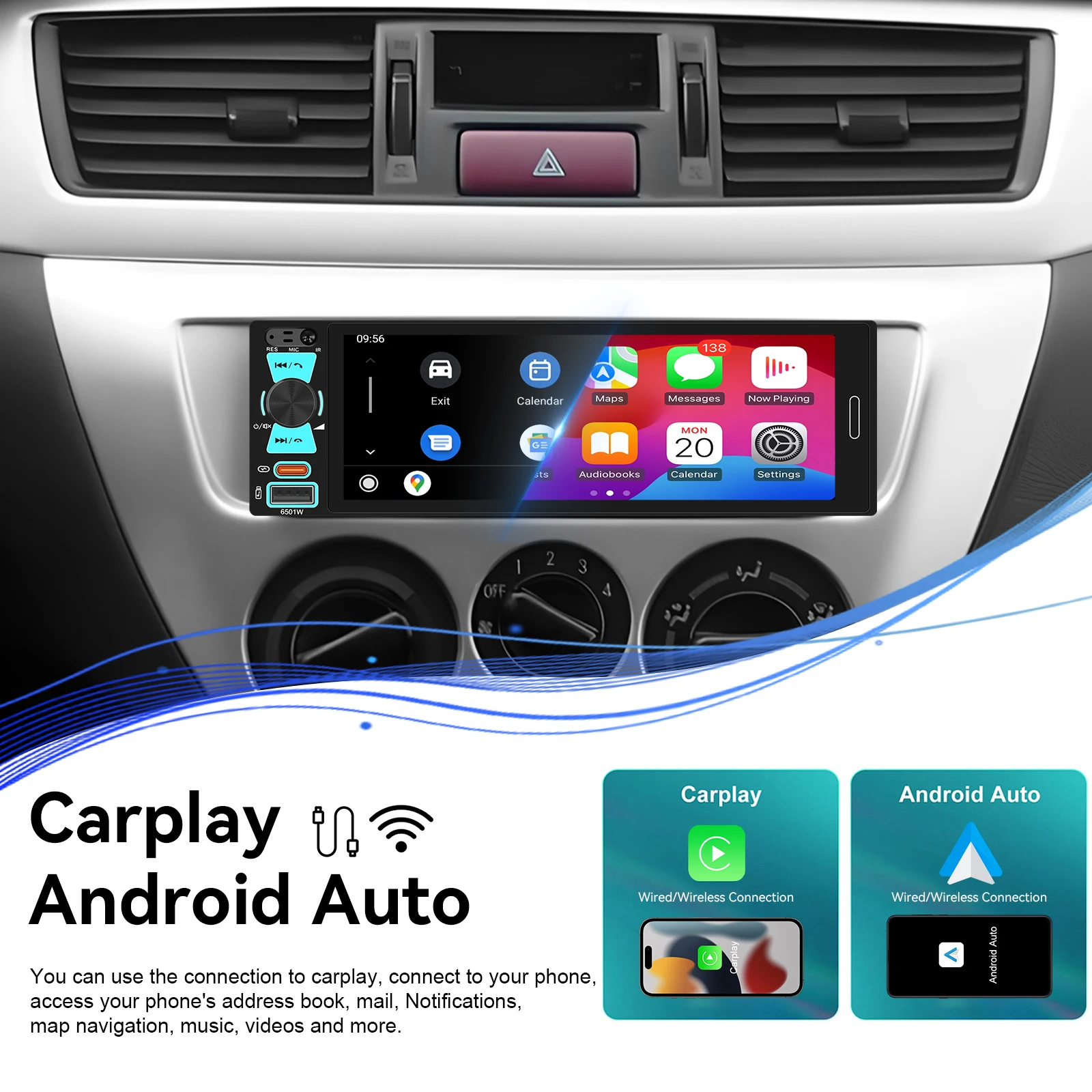 Radio para Auto Podofo de 6.5 Pulgadas 1DIN con Pantalla Táctil Incell, Carplay, Android Auto, Mirror Link, FM, AM, RDS, Reproductor Multimedia, Unidad Estéreo Universal para VW AUDI 3