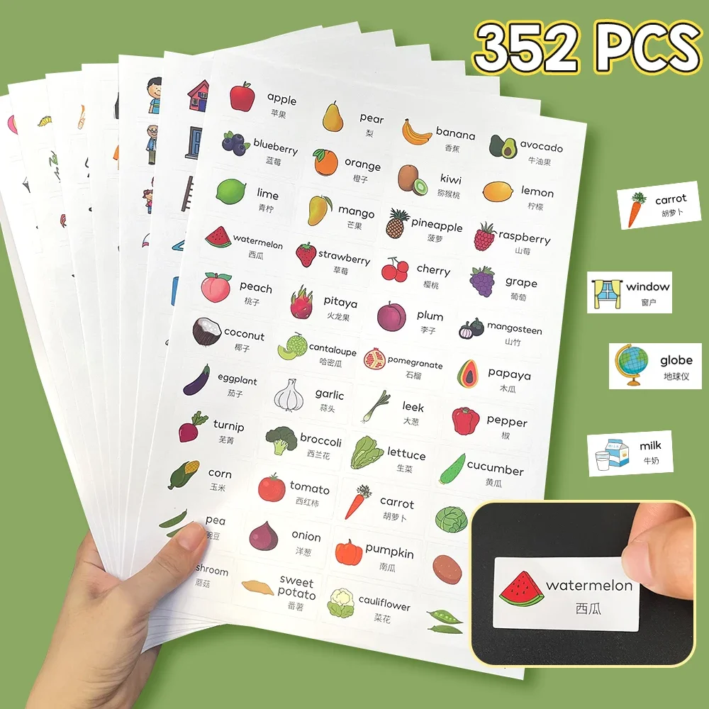 352Pcs Learning English Stickers Fruit Food animal learning and Educational toys kid toddler baby Rewards Cartoon Stickers 32 pack montessori education toddler matching cards learning games for kids toys for kids 2 to 4 years old cartoon puzzle baby