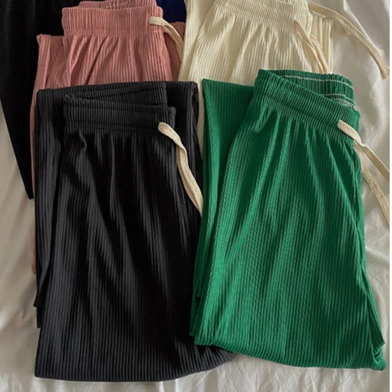 

Spring and summer women high waist wide leg pants pure color rope casual pants
