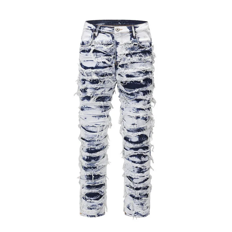 

European And American High Street Washed Bleached Blue Ripped Cat Whiskers Jeans Old Tassel Jeans For Men And Women