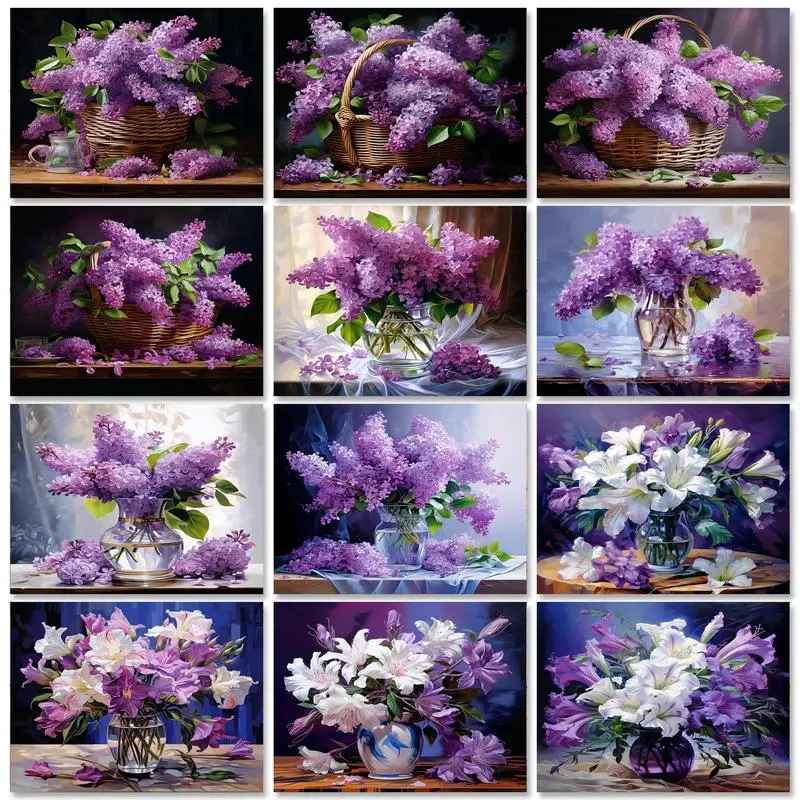 ABEUTY - Kit di pittura fai da te con numeri, con fiori viola e cabina rurale, dipinto con numero 40,6 x 50,8 cm, pittura da parete