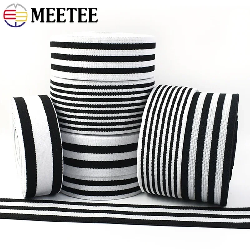 

Meetee 2/5/10M 25-50mm Black White Stripe Elastic Band Jacquard Garment Rubber Tape for Sewing Clothes Spring Webbing Accessory