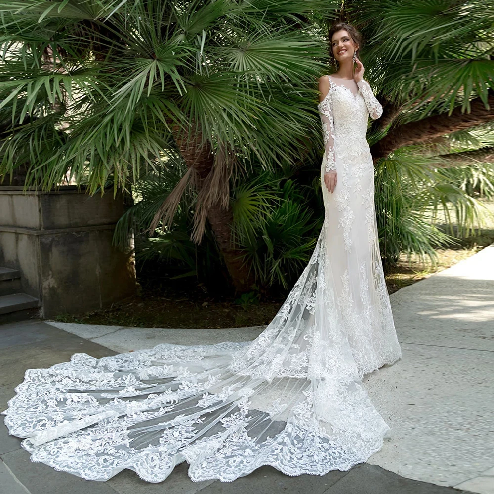 

Crystal Appliques Mermaid Wedding Dresses With Detachable Long Sleeve Vestido De Noiva Buttons Up Back Beaded 웨딩드레스