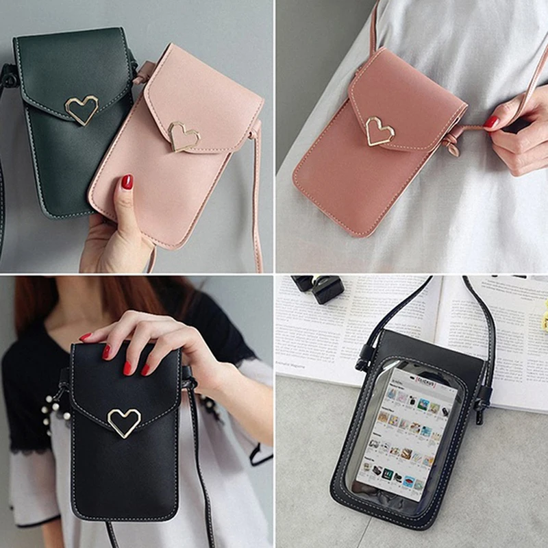 

Women Bag For Phone Transparent Women Coin Purse Cross Shoulder Bag Girls Cute Phone Bags Mini Heart Type Hasp Mobile Pouch