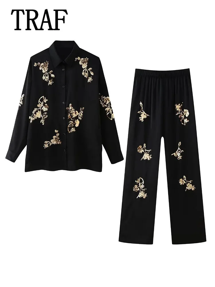 

Костюм брючный женский с блестками и эластичным поясом, однобортный