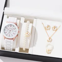 5PCS Set Luxury Watch Women Ring Necklace Earrings Pearl Rhinestone Wristwatch Female Casual Ladies Watches Bracelet (No Box) 2