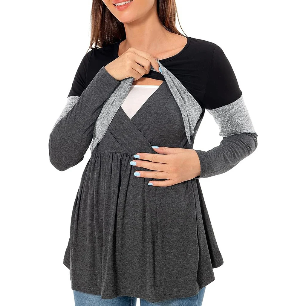 Maternity Nursing T Shirt Pregnant Womens Long Sleeve Patchwork Nursed Tops Blouse For Breastfeeding Pregnancy Clothes Pullover 4