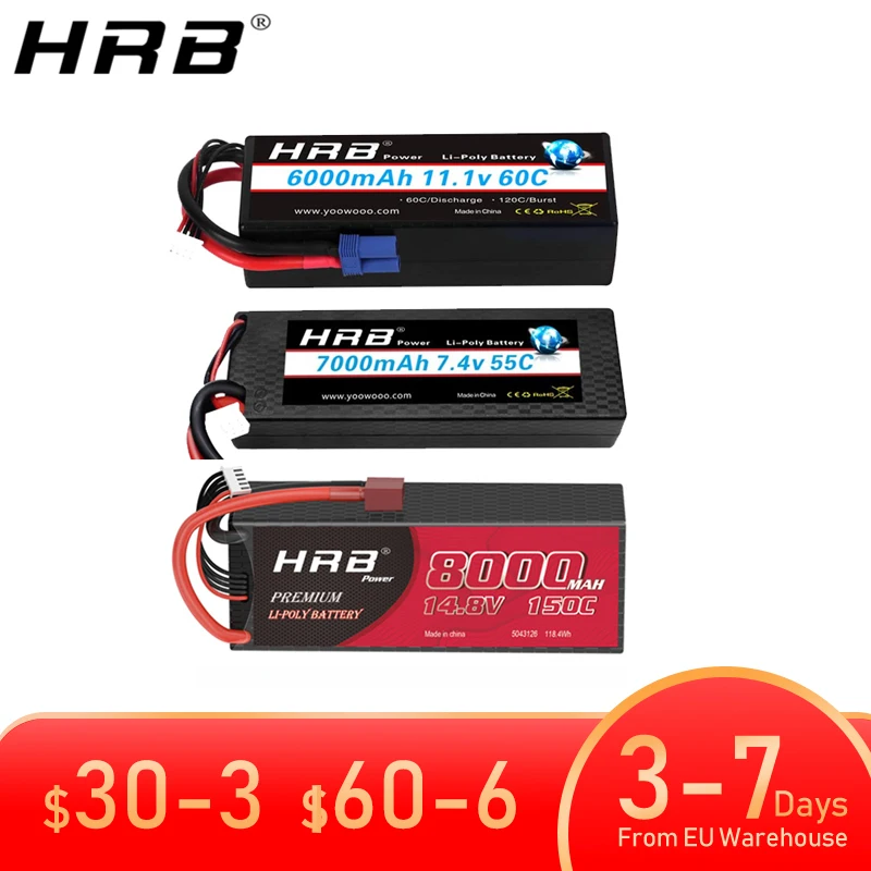 Vue de face de la batterie LiPo RC avec étiquette indiquant 2S-6S et décharge 55-150C