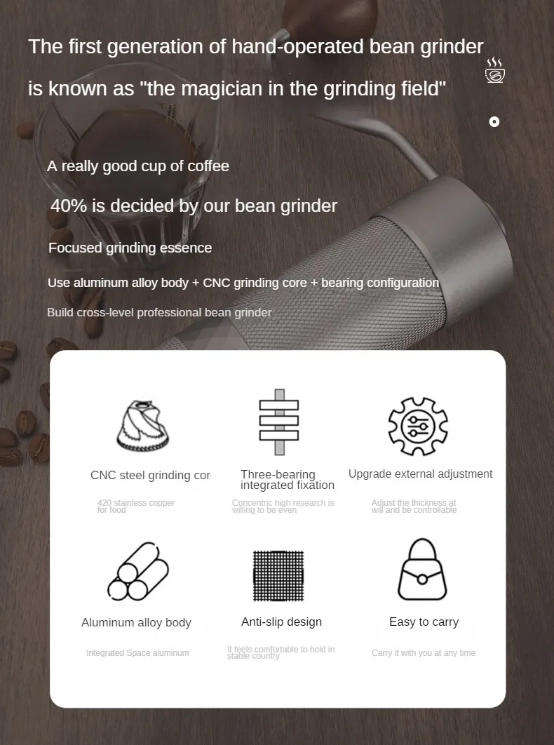 Sf4d4a4243f1947f2be33f6a81f9044181 External 1.0 Manual Coffee Grinder High Quality Portable Titanium Plated 7 Star Stainless Steel Burr For Espresso Kitchen Tools