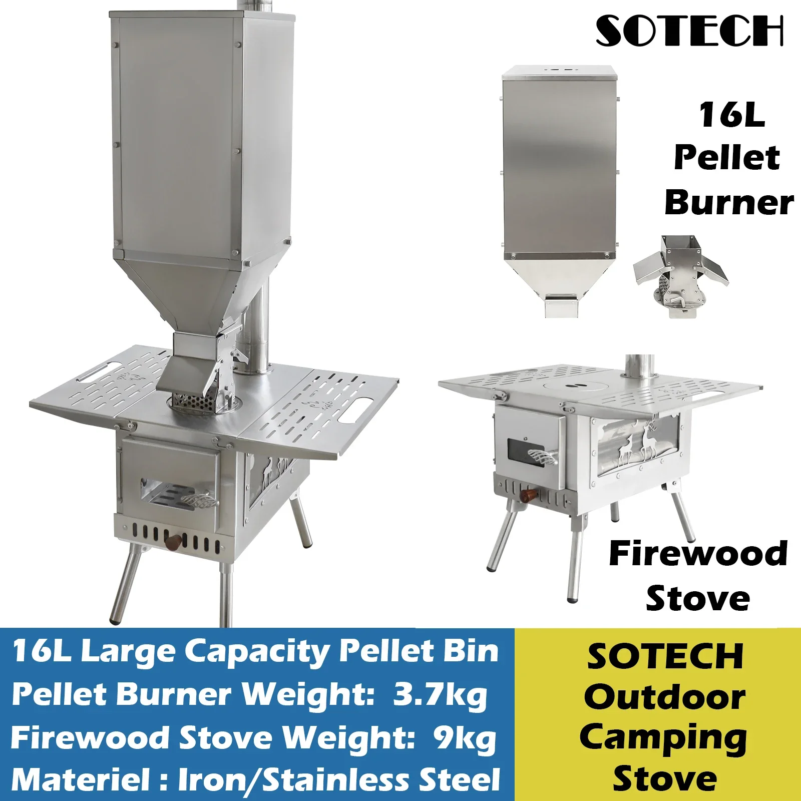 เตาเผาเม็ดเชื้อเพลิง ความจุ 16 ลิตร ทำจากสแตนเลส เตาไม้สำหรับตั้งแคมป์กลางแจ้ง ให้ความร้อนในเต็นท์ ปิกนิก และทำอาหาร 1
