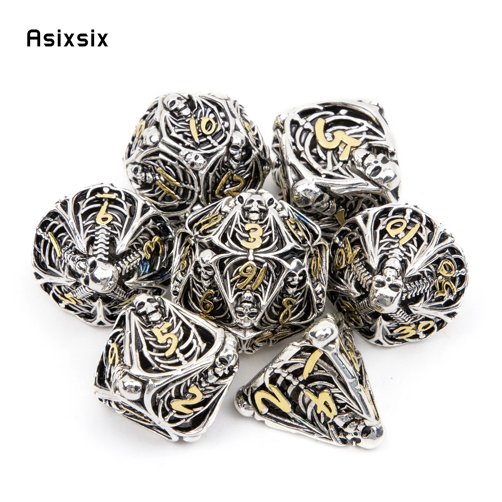 

7 Pcs Silver Golden Skull Metal Dice Hollow Metal Polyhedral Dice Set Suitable for Role-Playing RPG Board Game Card Game