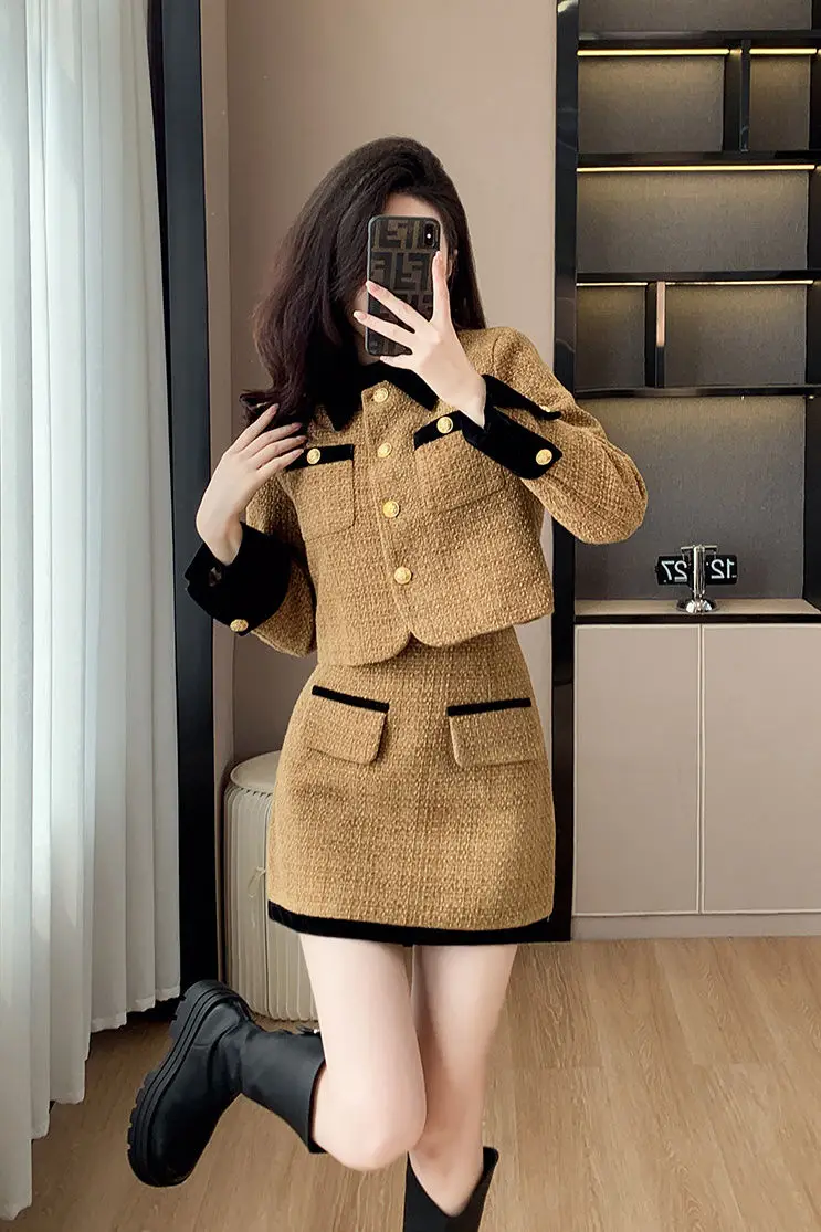 

UNXX 2023 Autumn Winter New Fashion French High-End Sense Tweed Contrast Color Blazer Jacket and Skirt Set for Women Female Girl