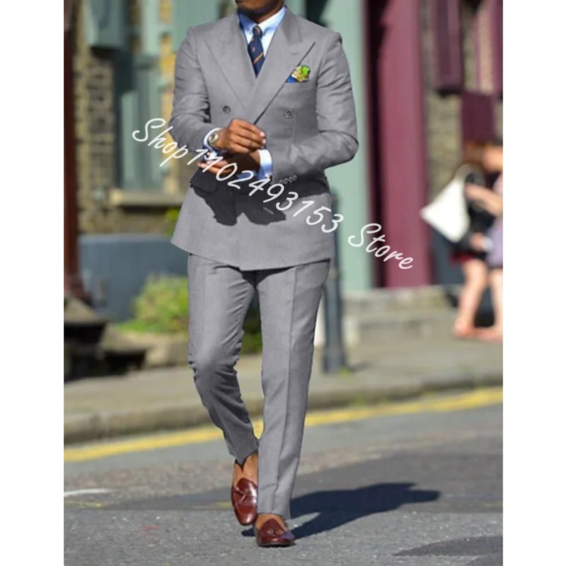 2024 Elegant Suits For Men Slim Fit Peak Lapel Double Breasted 2 Pieces Formal Business Groom Wear Wedding Tuxedos Costume Homme