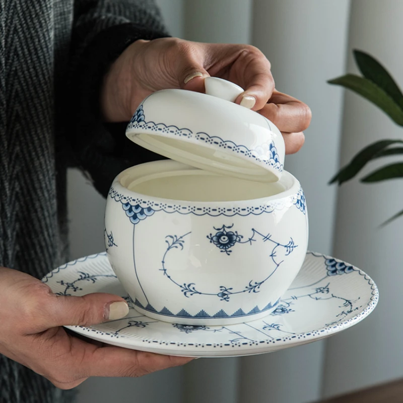 Creative Senior Stewing Cup Household Ceramic Underglaze Color Dim Sum Plate with Cover Small Soup Pot Kitchen Tableware