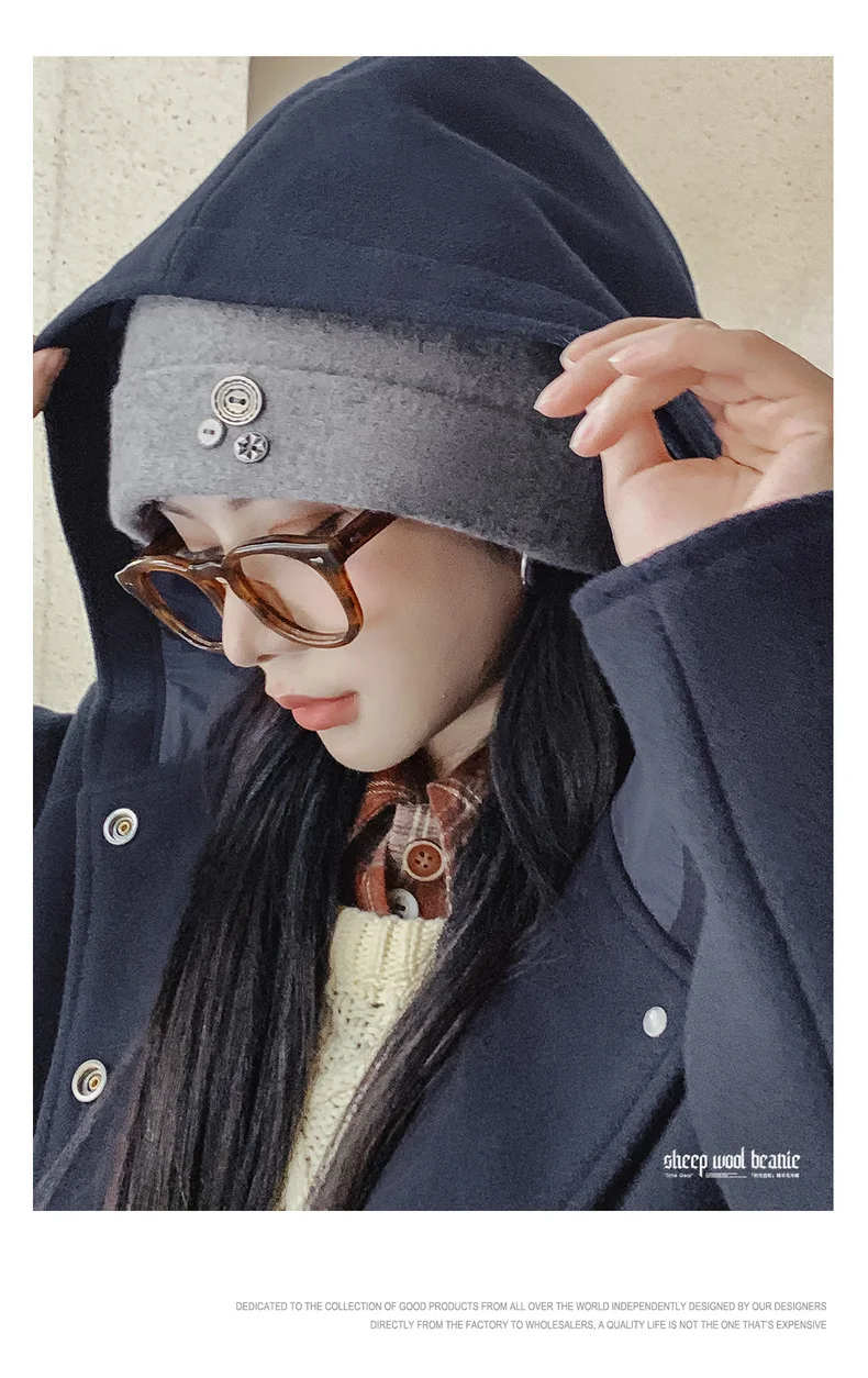 Graue Damen-Strickmütze aus 100 % Wolle von Maden, warme, dicke Wintermütze, Ohrenabdeckungsdesign für große Kopfpassform, weiche Mütze für kaltes Wetter – Detail 6
