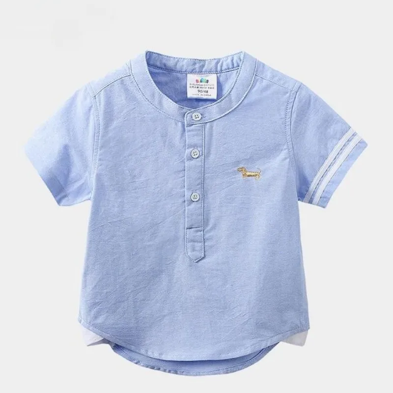 Short Sleeve Shirt Cotton Cartoon Dog Print Mandarin Collar Boys