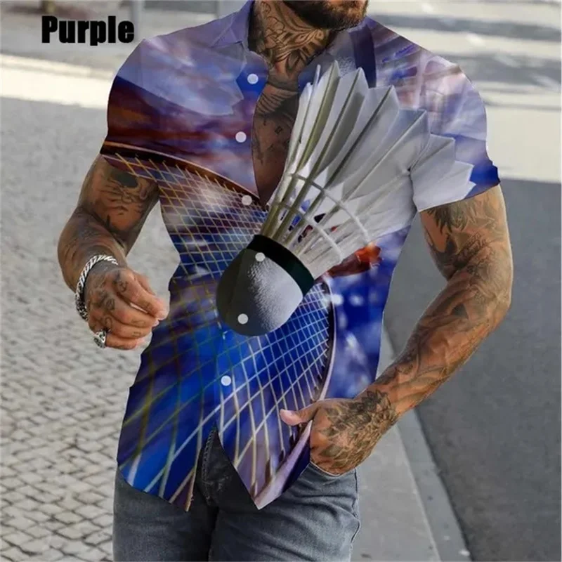 thumbnail image 1 of Camisa de playa de manga corta para hombre, estampado completo, con estampado de bádminton, para verano, informal, con personalidad, talla grande, 1 of 4