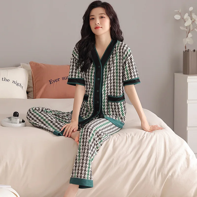 Summer Women's Thin Pure Cotton Pajamas Lapel Short Sleeve Cardigan Pants Oversized Loose Fitting Casual Home Clothing Set