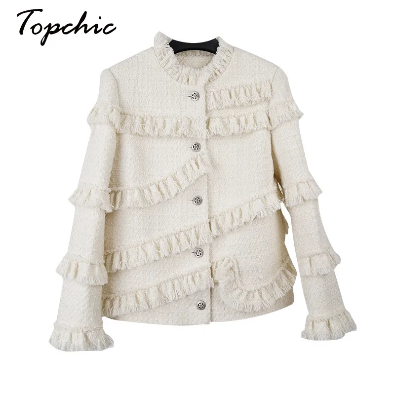 

White Tweed Jacket for Women 2023 Autumn Winter Elegant Tassel O-neck Wool Coats High Quality Brand Jaqueta Feminina