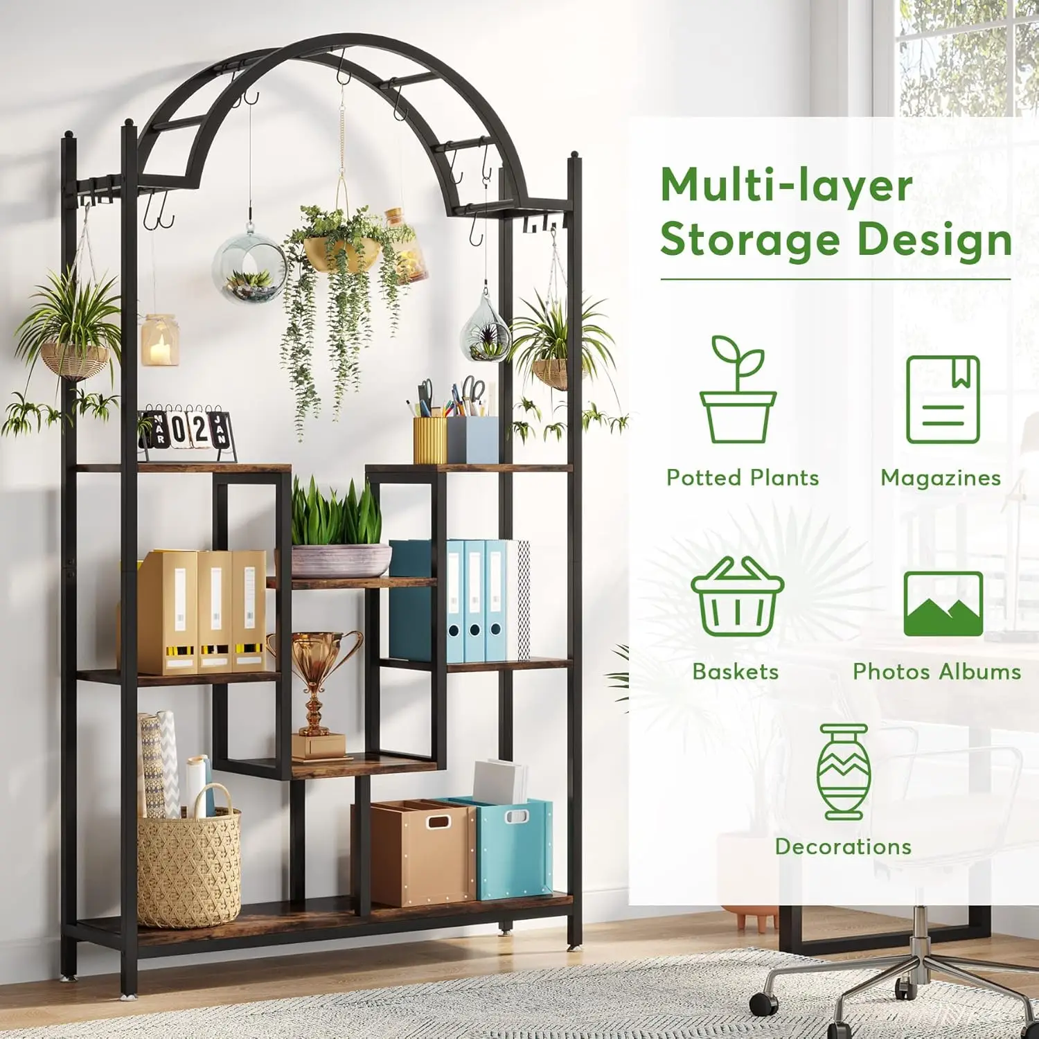 5-Tier Tall Indoor Plant Stand, 74.8'' Arched Metal Flower Shelf with Hanging Hooks, Large Bonsai Pots Display Rack for Indoor,