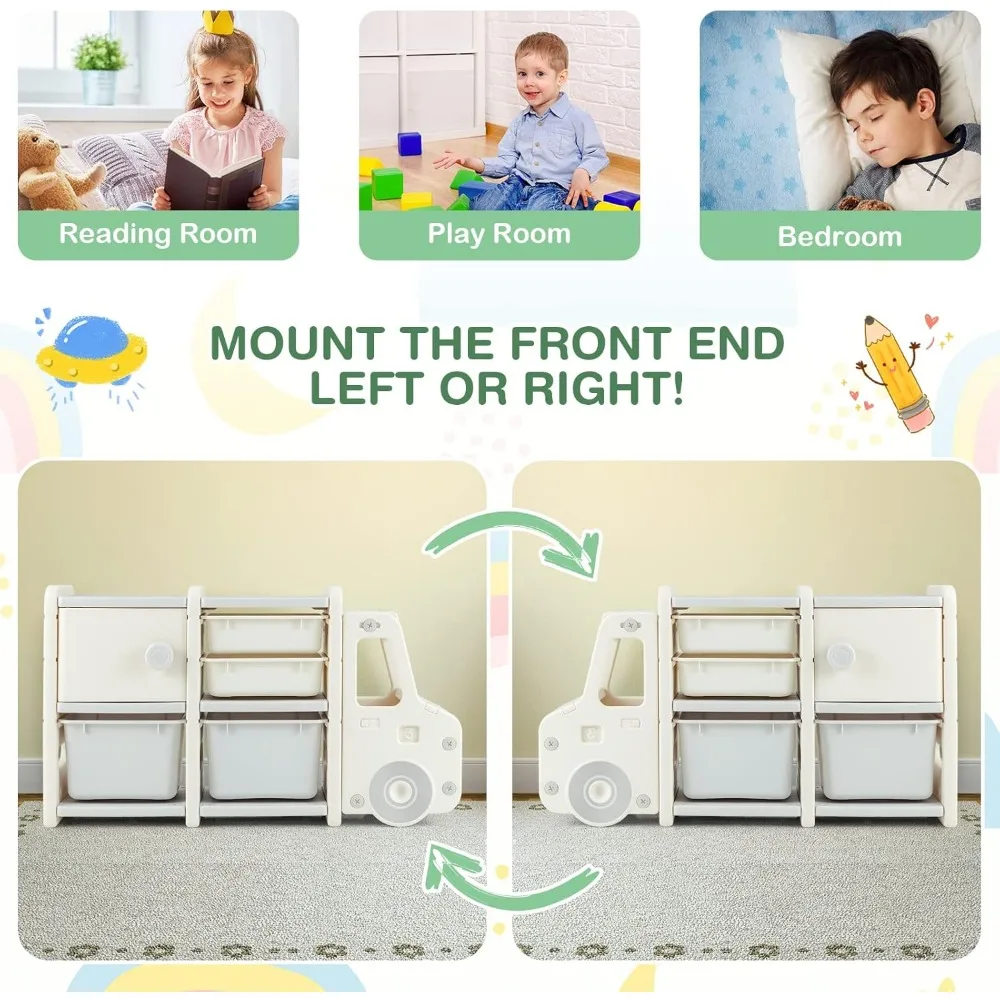 Toy Storage Organizer, Toy Shelf with with 2 Removable Toy Bins, 2 Pull-Out Drawers, Enclosed Cabinet, Kids Bookshelf 4