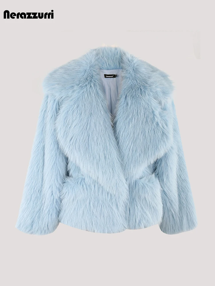 Nerazzurri Winter Short Loose Casual Hairy Soft Thick Warm Pink Faux Fur Coat Women with Big Collar and Pockets Fluffy Jacket 2