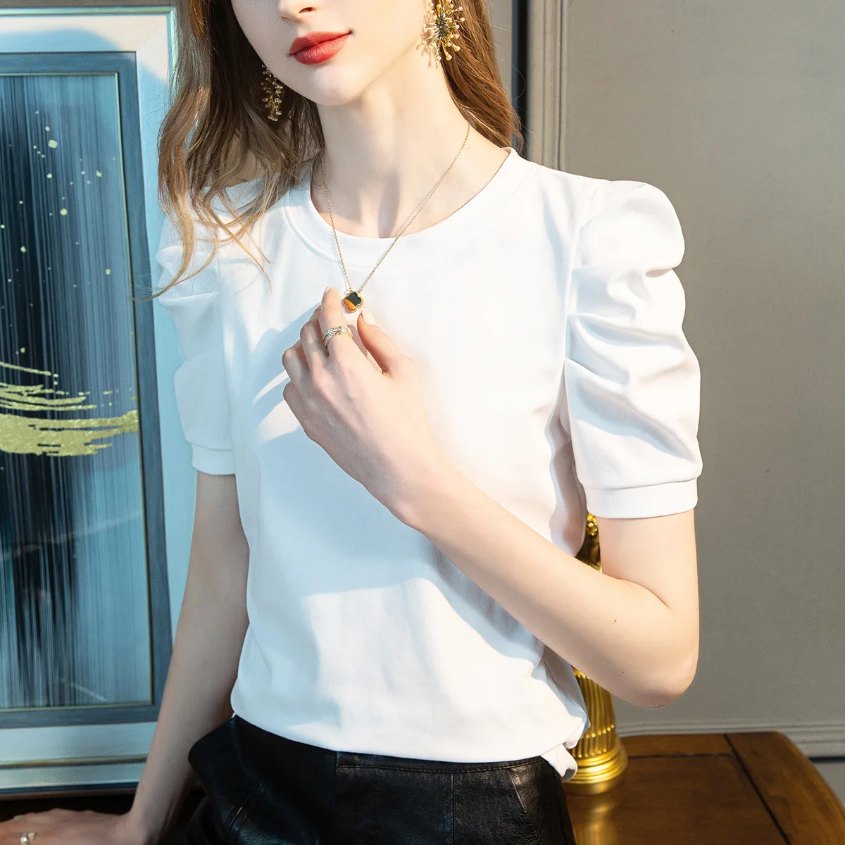 White Short-sleeved T-shirt Women\'s Tshirts Summer New French Puff Sleeves Stretch Cotton Solid Color Basic Y2k Tops Shirts