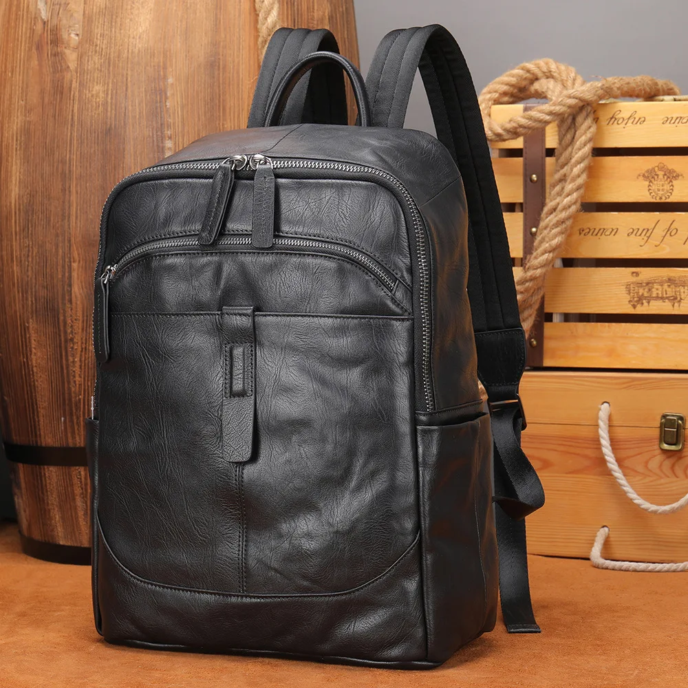 Leather backpack men's large capacity advanced sense simple lightweight travel bag Business leisure backpack travel computer bag