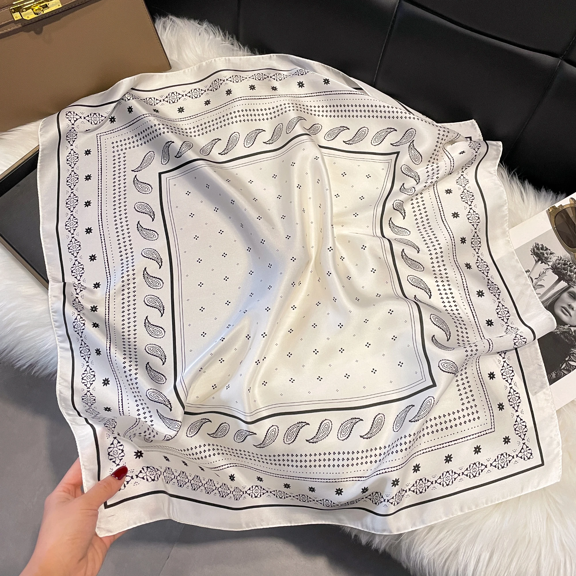 Luxury Fashion Print 70*70cm Silk Square Scarf Women Soft Satin Hairband Neckerchief Tie Female Headband Foulard Bag Ribbon