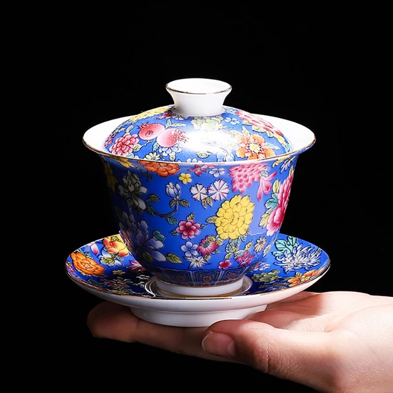 Ceramic Wanhua Covered Bowl Tea Set blue  200ml Grilled Enamel Gaiwan Jingdezhen Cup With Lid and Saucer Flower Gaiwan for Travel Gai Wan teacup cups ceremony sets in floral carnations